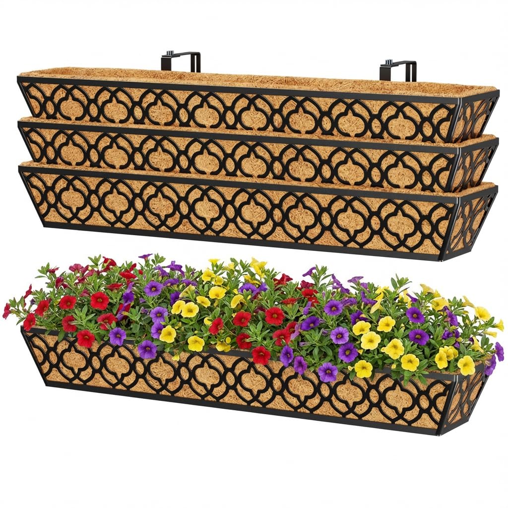 Y&M 36 Inch Window Deck Planter with Coco Liner, Metal Hanging Flower Boxes for Fence, Railing, Balcony, and Outdoor Garden Lawn – 4pcs