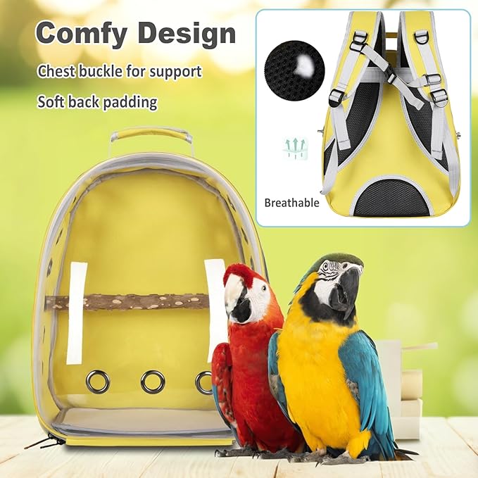 Bird Carrier Backpack with Wood Perch, Transparent Bird Travel Cage, Portable Pet Carrier Backpack, Breathable Hangbag for Vet Transport Camping Hiking (Grey)