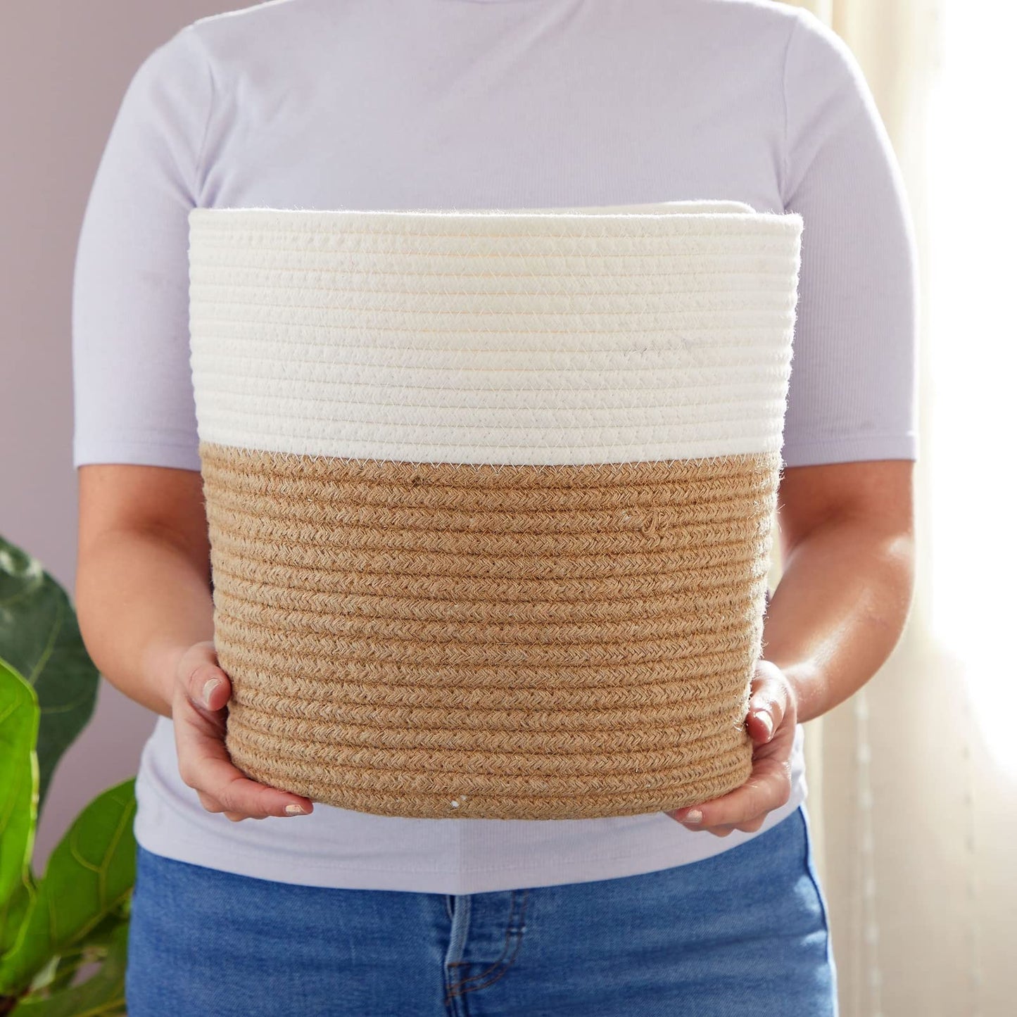 Juvale Plant Basket - 2-Pack, 11 in Brown Jute, Bohemian - Cotton Rope Planter with Liner & Woven Indoor Plant Basket with Plastic Liner