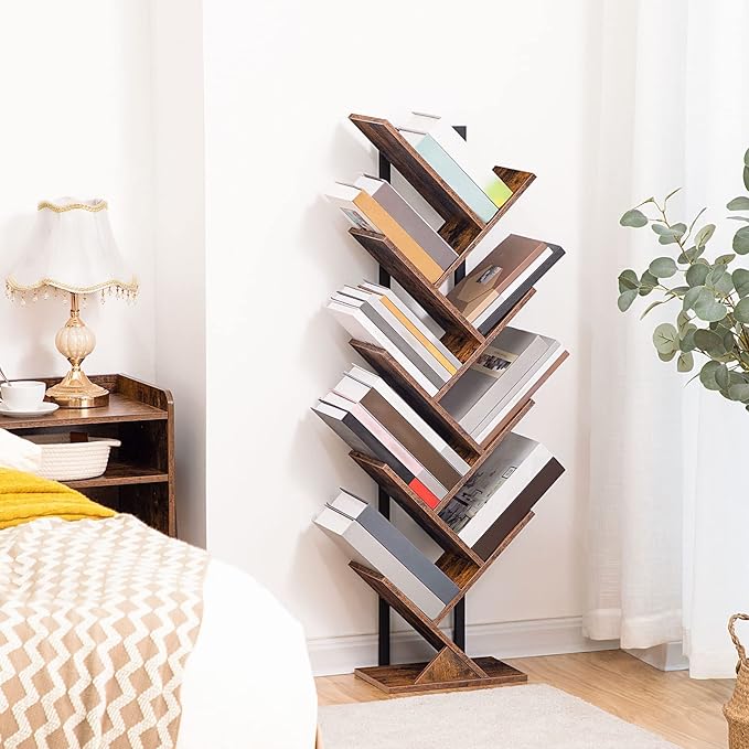 HOOBRO Tree Bookshelf, 9-Tier Bookcase Wooden Shelves, Floor Standing Storage