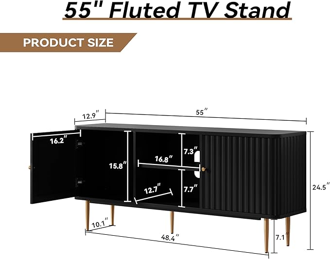 ARTPOWER 55” Fluted TV Stand, Mid Century Modern Black TV Stand