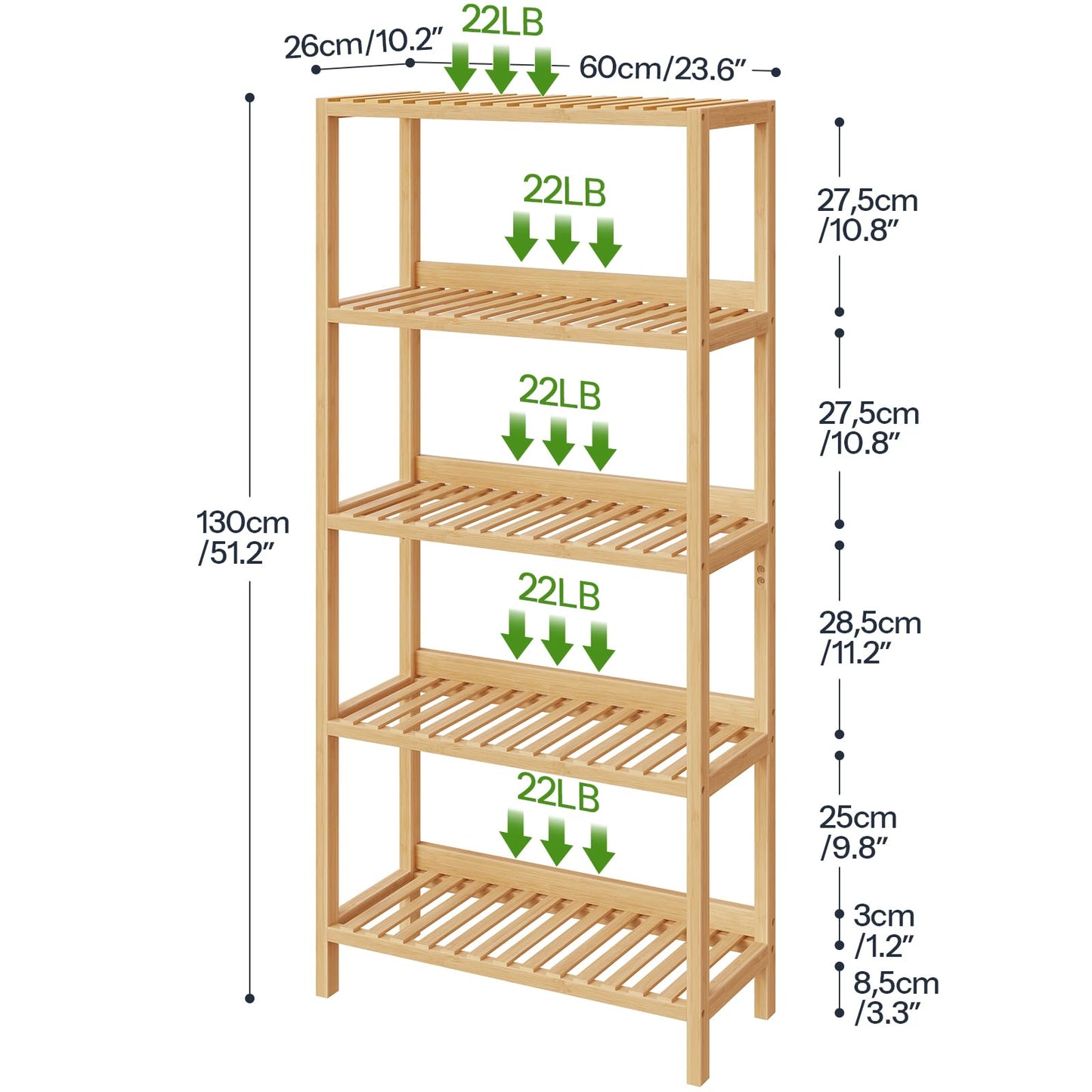 HOOBRO Bamboo Storage Shelf, 5-Tier Freestanding Shelving Unit, Multifunctional Storage Rack with Back Panel, 23.6 x 10.2 x 51.2 inches, for Bathroom, Living Room, Balcony, Kitchen, Natural YL96CJ01