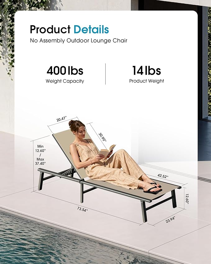 Ciokea Foldable Outdoor Lounge Chair, No Assembly Patio Chaise Lounge Outdoor