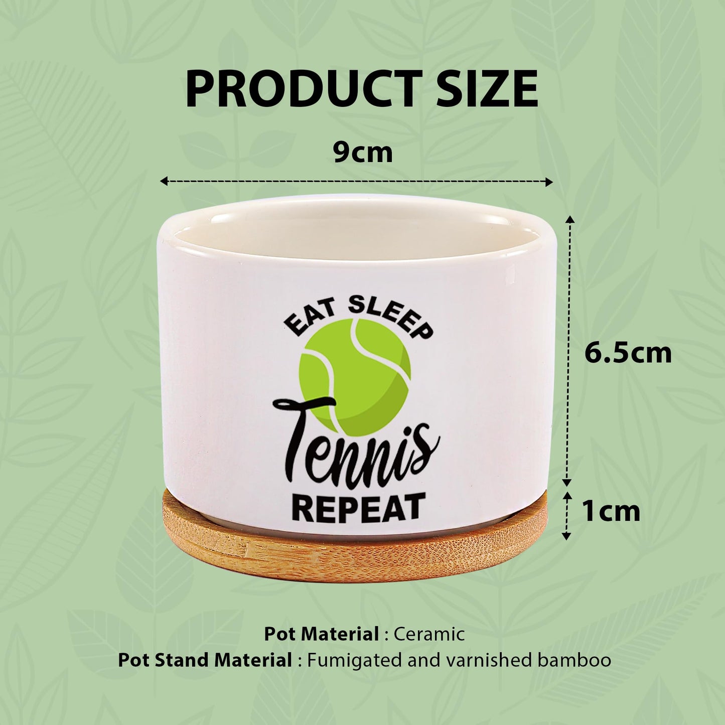 Loovelo Eat Sleep Tennis Repeat Tennis Gifts for Sports Lover Coach Player Ceramic Succulent Plant Pot with Bamboo Tray Home Office Decor 3.5 Inch White (No Plants)