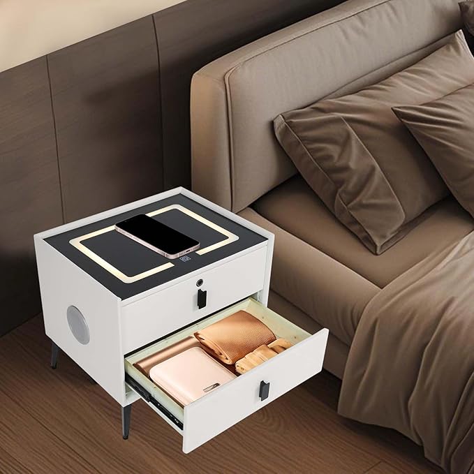 Smart Nightstand with Charging Station, Adjustable LED, USB Ports, Fingerprint