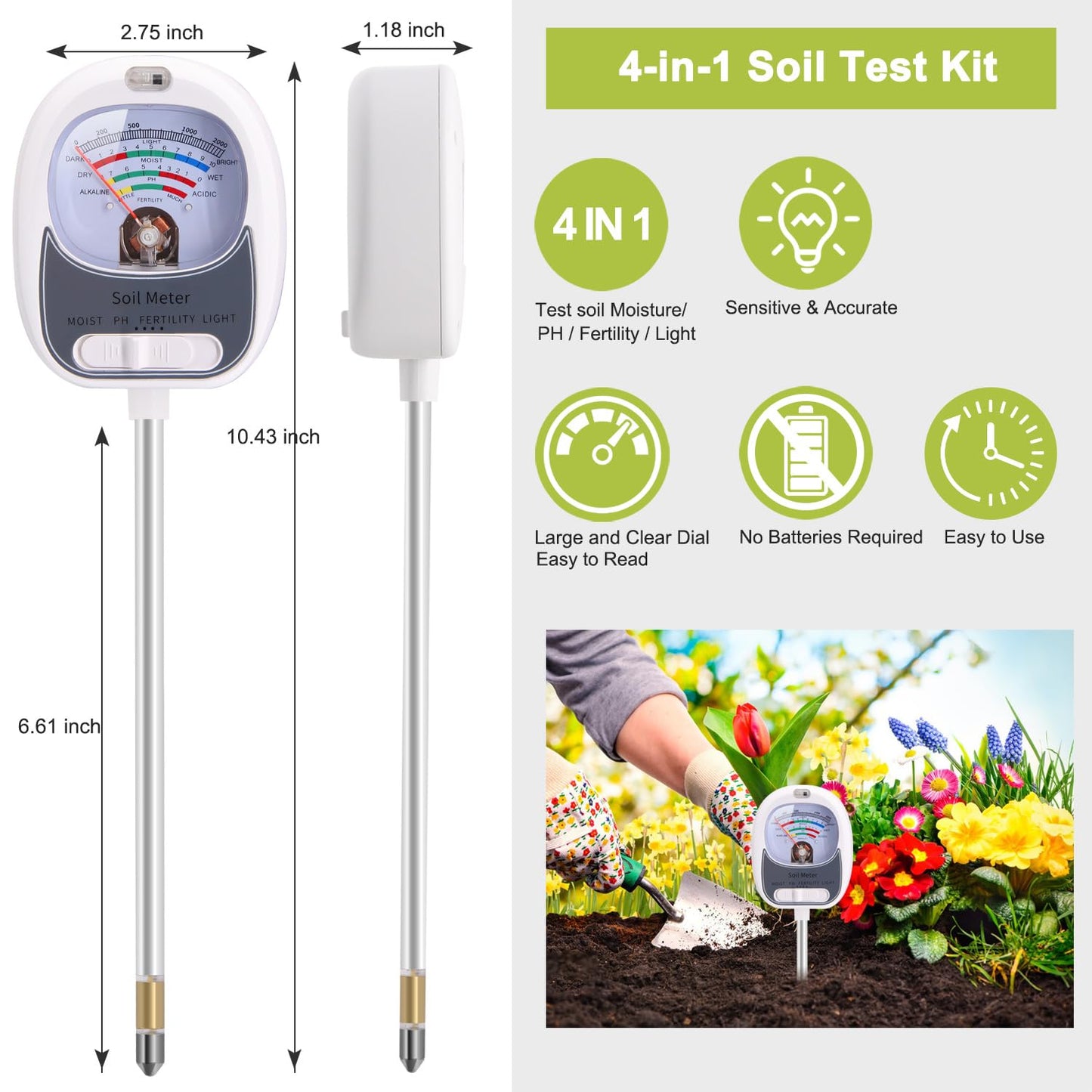 HSLGOVE 4-in-1 Soil Test Kit – Soil Moisture Meter, pH, Fertility & Sun-Light, No Battery Required, Large Dial Soil Tester for Indoor & Outdoor Gardening, Lawn, Farm –Stonewhite