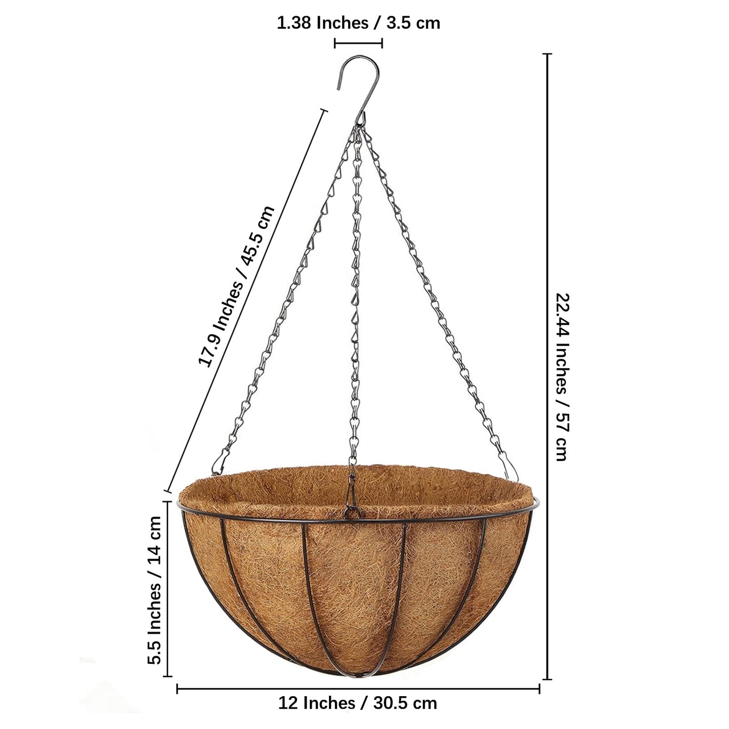 LCHUANG Hanging Baskets Planter for Plants - 2 Pack 12 Inch Metal Baskets with Coco Coir Liner, Hanging Flower Pots for Outside with Chain, Indoor Outdoor Garden Porch Decoration (12'' Pack of 2)