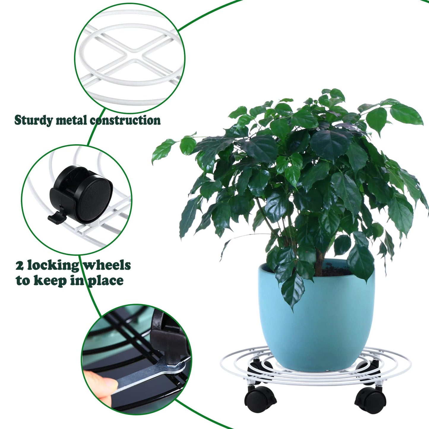 Planterhoma 3 Packs Large Metal Plant Caddy 13.8 Inches Plant Dolly with Wheels Heavy Duty Iron Rolling Plant Stand with Casters for Indoor and Outdoor Plant Pot Rollers White, 3-pack Plant Saucers