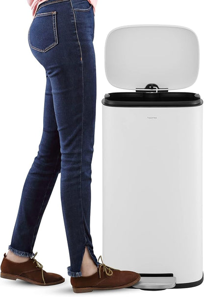 happimess HPM1011C Curtis 8-Gallon Step-Open Trash Can with Soft-Close Lid, Modern, Minimalistic, Fingerprint Proof for Home, Kitchen, Laundry Room, Office, Bedroom, Bathroom, White