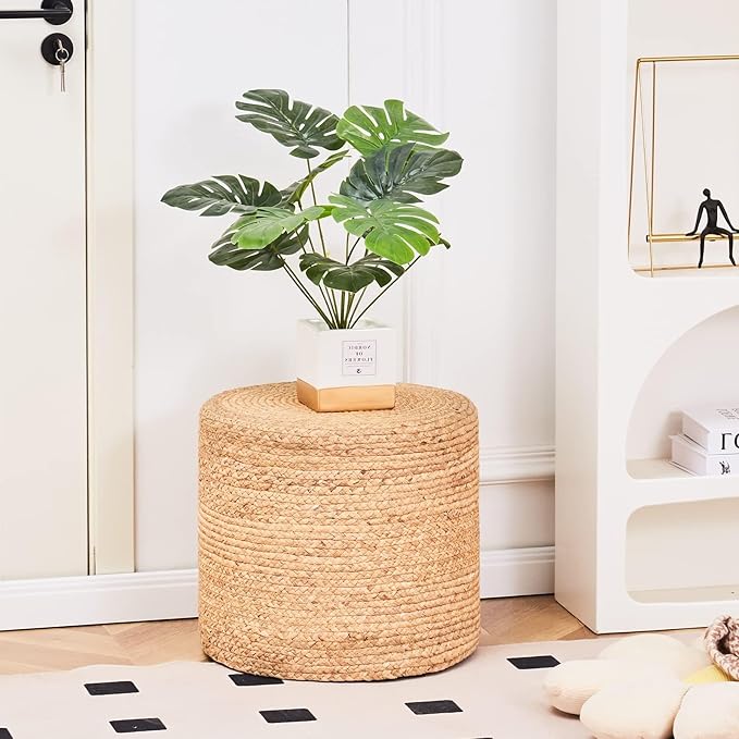 Wimarsbon 18'' Pouf Ottoman, Natural Braided Poof, Round Poufs, Rustic
