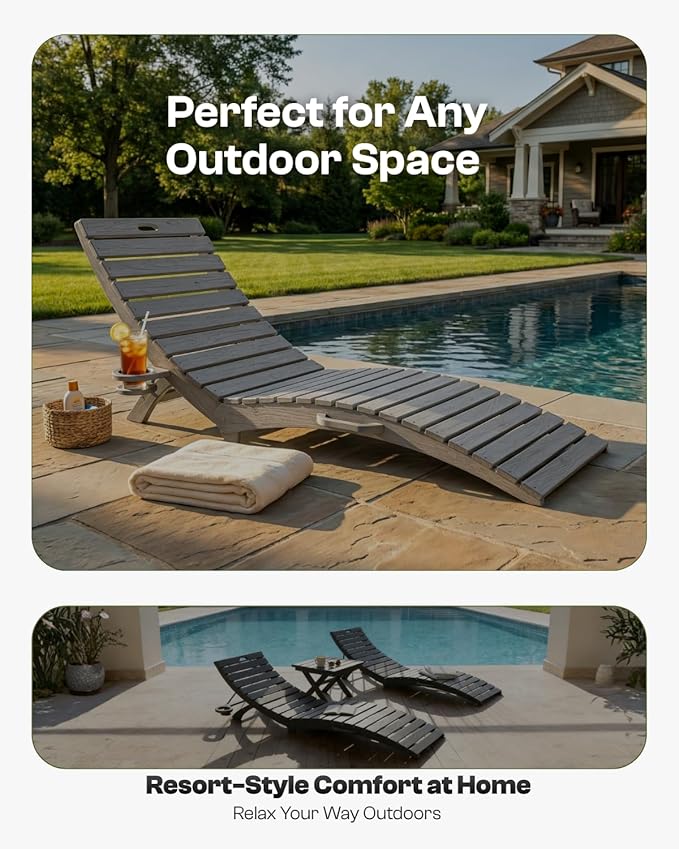 Folding HDPE Pool Lounge Chairs Set of 2, Pre-Assembled Outdoor Chaise Lounge
