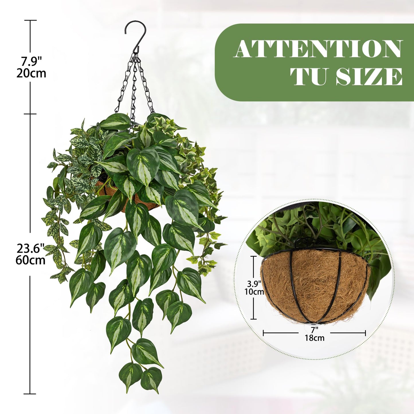 Fake Hanging Plant with Pot, Large Hanging Artificial Plants with Basket & Hanger Faux Greenery Plants Indoor Outdoor Decor Fake Pothos Plant in Pot for Wall Balcony Patio Office Bathroom Shelf