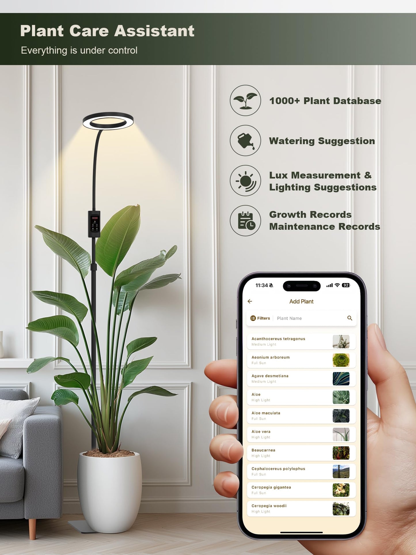 GLOWRIUM Smart Grow Lights for Indoor Plants, 24W Full Spectrum Plant Lights with Bluetooth App, Adjustable Height 47-70.9", Auto Timer, Indoor Plant Lamp for Large Tall Plants（Black 24W）