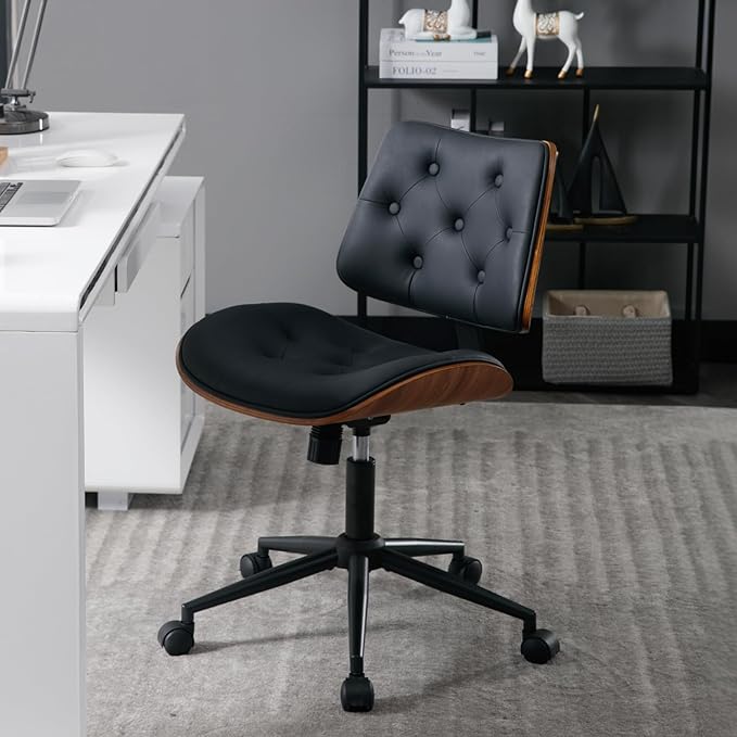 Armless Home Office Chair with Wheels, PU Leather Adjustable Height Computer