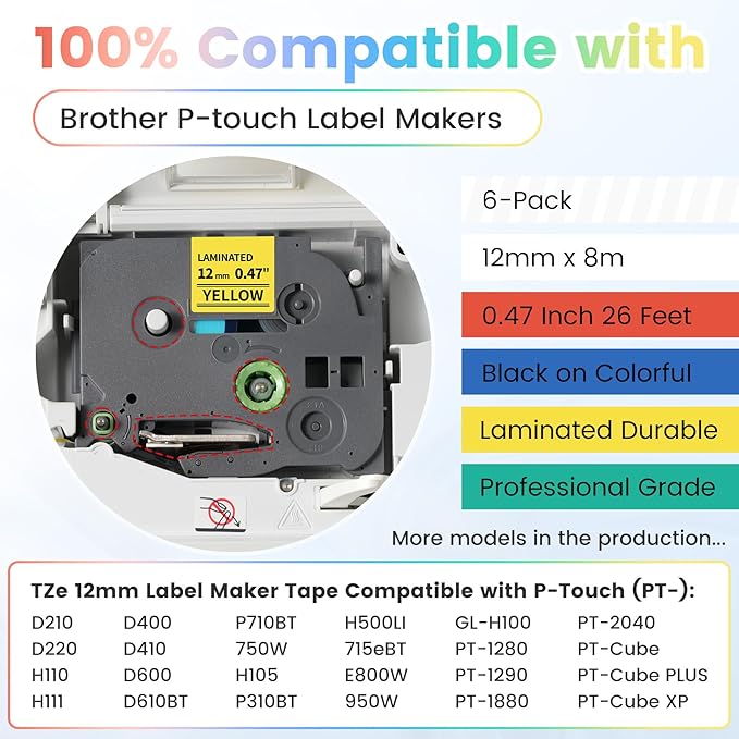 Label Maker Tape Colorful Compatible with Brother P-Touch Label Tape 12mm Laminated Black on White/Red/Blue/Green/Yellow/Clear TZe231 TZe131 TZe431 TZe531 TZe631 TZe731 for PTD210 D220 H110 H111 D410