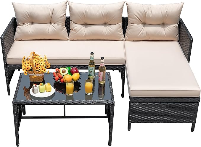 Devoko Outdoor Patio Furniture 3-Piece Rattan Waterproof Outdoor Sectional Sofa
