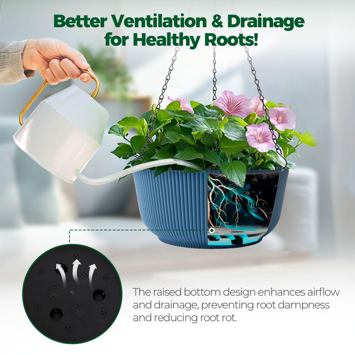 T4U 10 Inch Hanging Planters for Indoor Outdoor Plants, Hanging Baskets for Plants Pack of 2, Self Watering Hanging Pots with Drainage Hole for Garden Home Decor, Blue