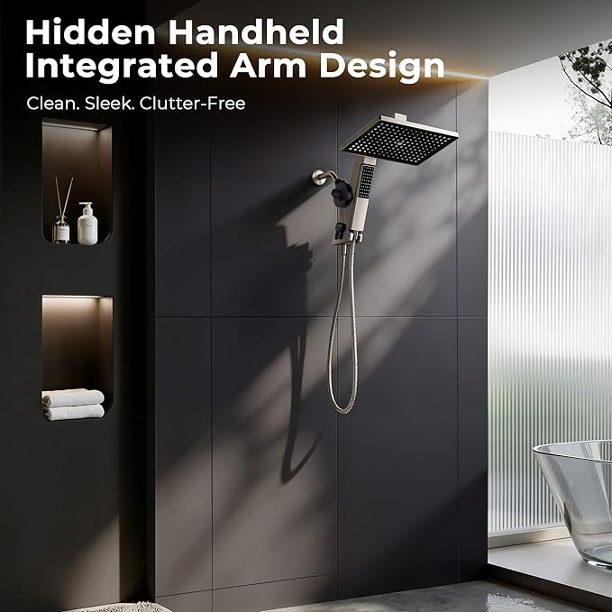MakeFit Filtered Rain Shower Head with Handheld Combo High Pressure 12'' Rainfall Shower Heads & Hidden Detachable Wand Dual Showerhead Water Softener for Hard Water Easy Filter Replacement