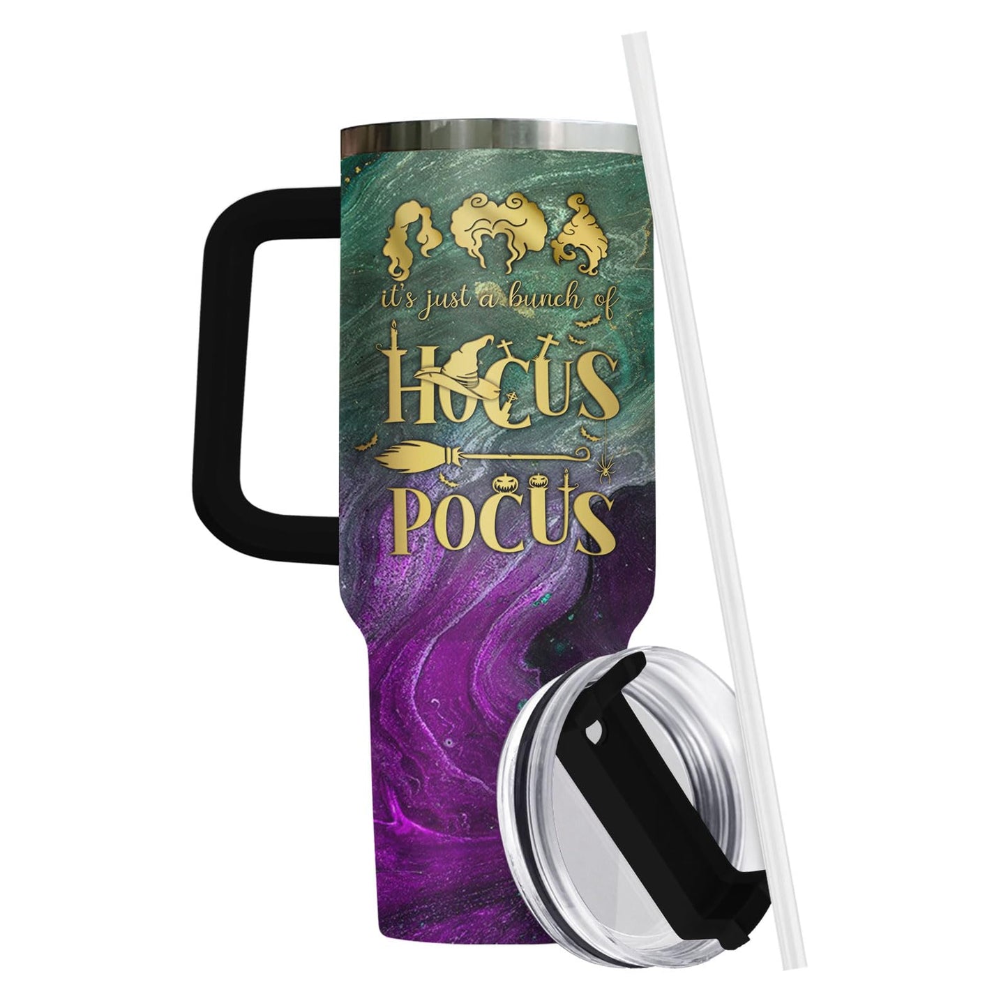 34HD Hocus Witch Tumbler 40oz with Handle Straw, Engraved Glorious Morning Stainless Steel Insulated Travel Coffee Cup - Spooky Birthday Gift for Festival Fans, Him Her & Movie Lovers