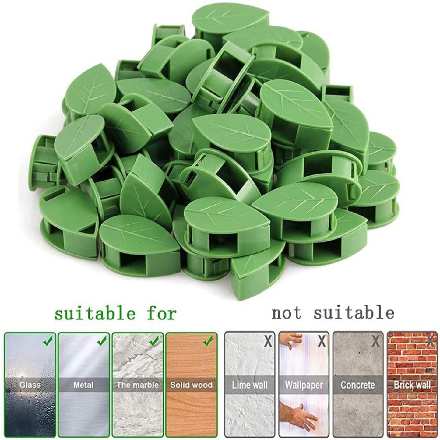 LeMall Plant Climbing Wall Fixture Clips, 100PCS Self-Adhesive Plant Hooks for Wall Vines Fixing Clips Green Leaf Plant Clip Garden Wall Clip Plant Clip Green Leaf Simulation for Garden Wall Clip