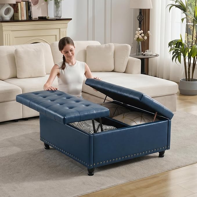 Tbfit Large Square Storage Ottoman Bench, Tufted Upholstered Coffee Table