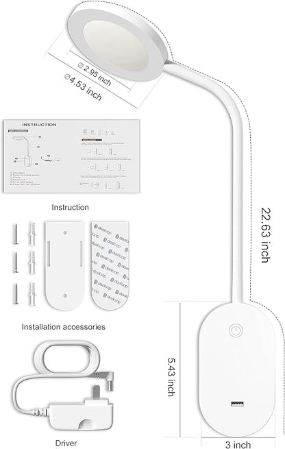 deeloop Wall Mounted Reading Light,Book Lights with USB Output, Reading Lamps for Bed Headboard in 4 Hours Auto-Off, Touch Control Wall Lamp with 5 Dimmable Flexible Head Rotation Bedside Lamps White