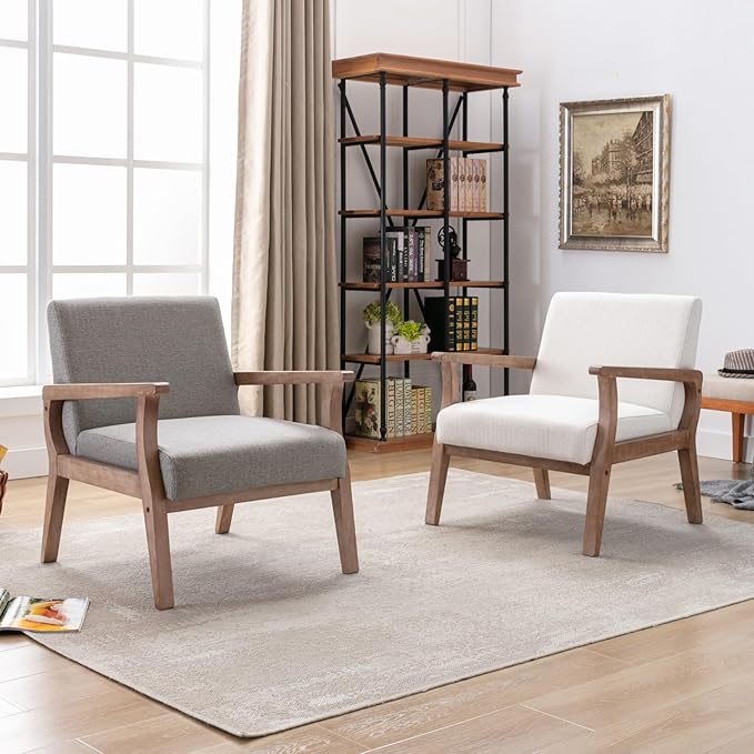 BESTANO Mid Century Modern Accent Chair Set of 2, Linen Upholstered Living Room