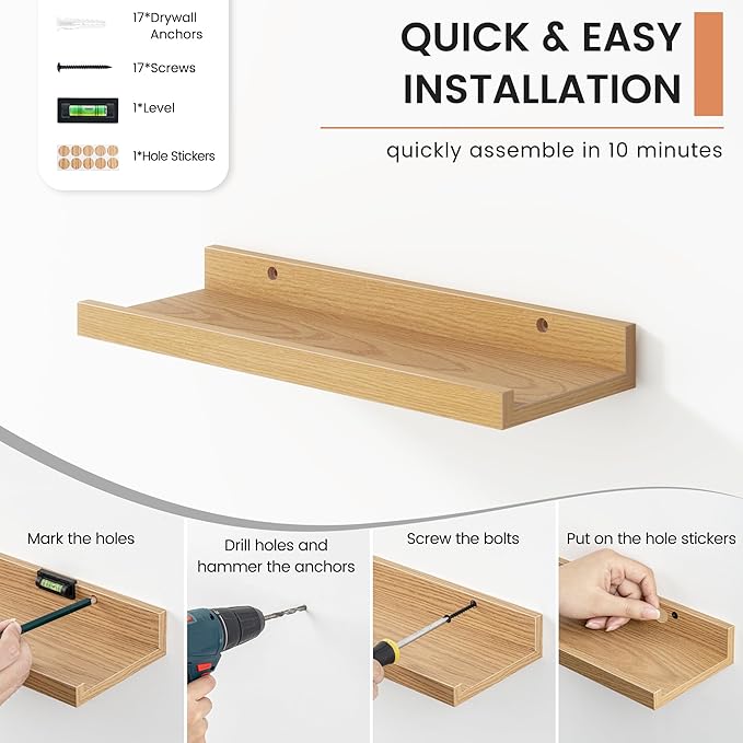Floating Picture Ledge Shelves Set of 8, 16 Inch Shelves