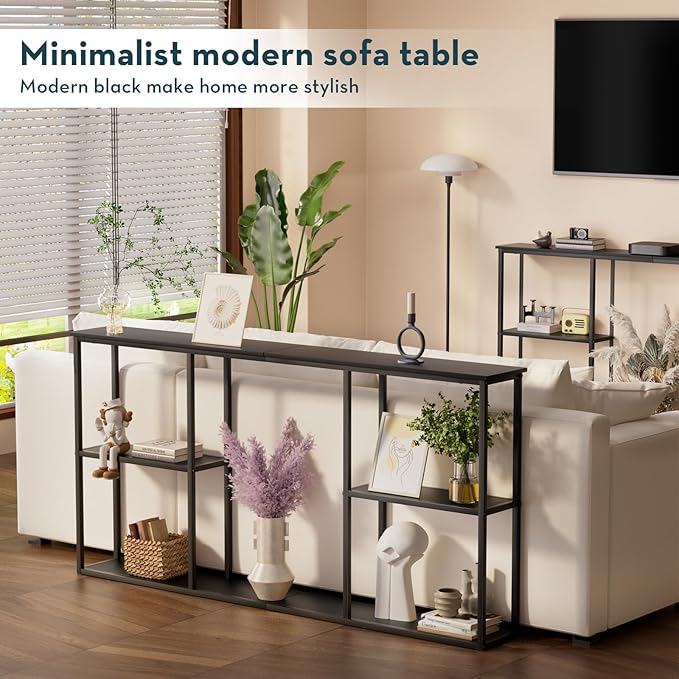 WOHOMO Black Console Table, 3-Tier Small Entryway Table, Long Sofa Table