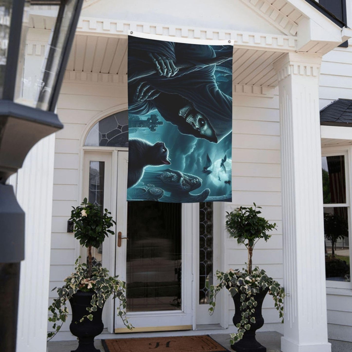 BOXIMIAO Reaper And Black Cat At Cemetery Flag 3x5 Ft Outdoor Polyester Garden Flag Double Sided Banner For Yard Lawn Porch Balcony Home Decorations