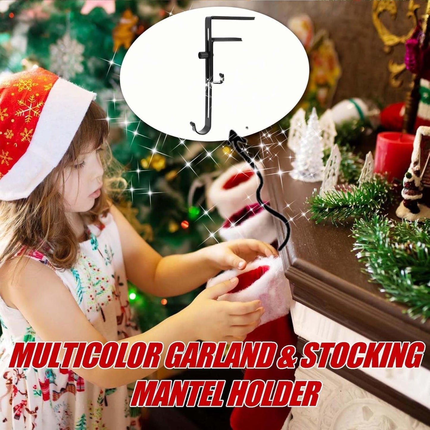 Garland Hanger and Stocking Mantel Holders, 4 PCS Christmas Stocking Holders for Mantle-Adjustable Christmas Metal Hooks Garland Hanger for Hanging Stocking Garland Balls Fireplace Decoration Supplies