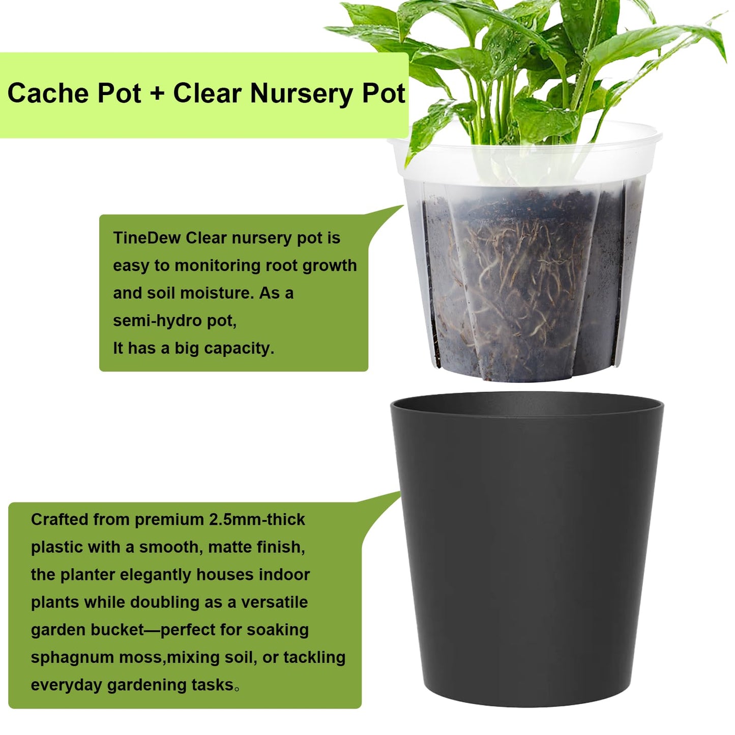 TineDew 3 Pack of 6in Plastic Cachepot with 6 inch Clear nusery Pot - self Watering Indoor Planter with Drainage for Root Visibility,semi Hydro pots for repotting Orchids,Aroid or Monstera,Black