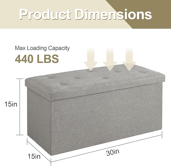 VECELO 30'' Folding Storage Ottoman Bench, Storage Chest, Linen Fabric Foot