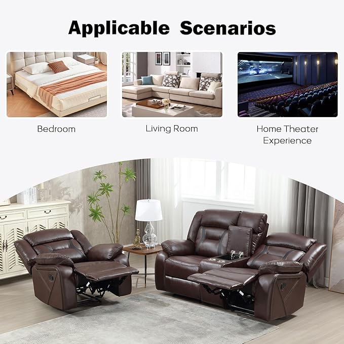 EBELLO Manual Recliner Sofa Set, Faux Leather Reclining Living Room Furniture