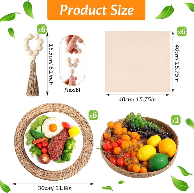 6 Sets Boho Decoration Placemats Round Woven Placemats, Cloth Napkins, Wood Bead Napkin Rings, Long Table Runner and Farmhouse Burlap Cotton for Table Kitchen (Khaki,12x72)