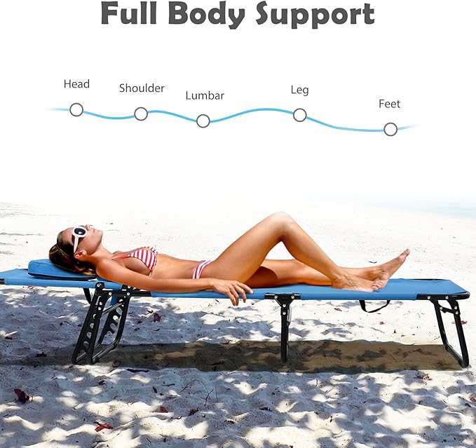 Folding Beach Lounge Chair w/ 5 Adjutable Backrest & Padded Pillow, Sunbathing