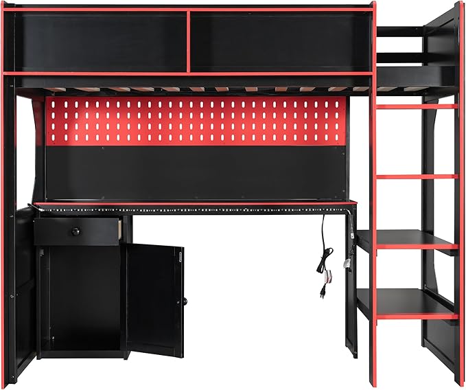 Modern Gaming Loft Bed with Built-in Desk, LED Lighting & Charging Hub –Twin