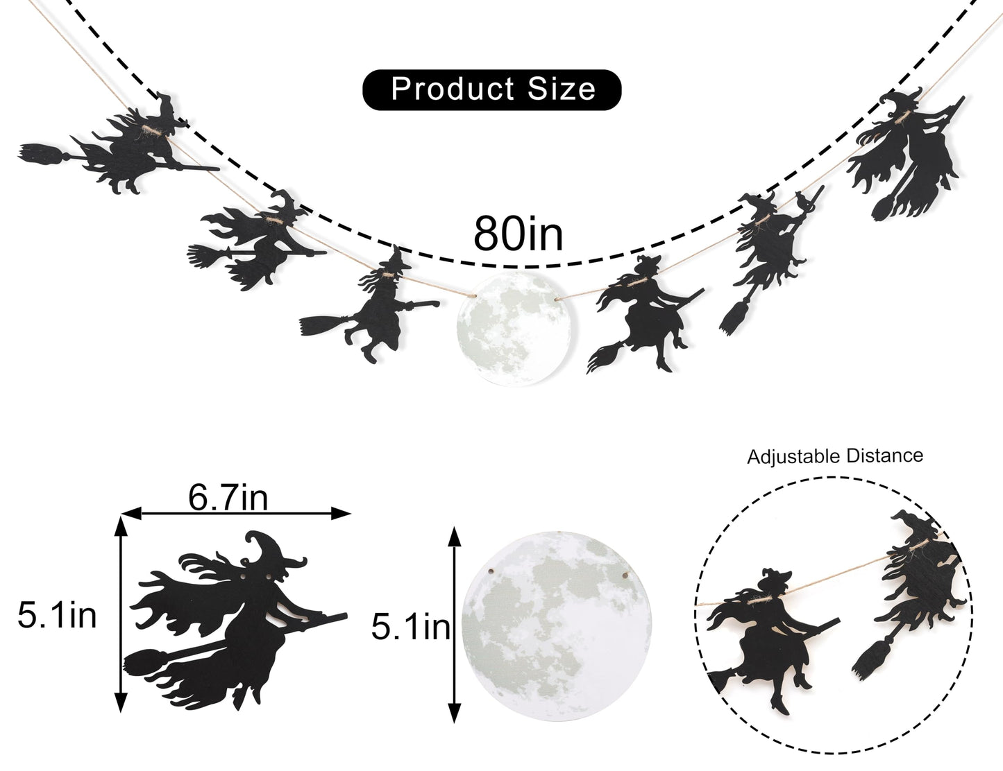 Halloween Witch Full Moon Garland - Wood Witches Banner, Halloween Spooky Fireplace Decor, Autumn Home Decor