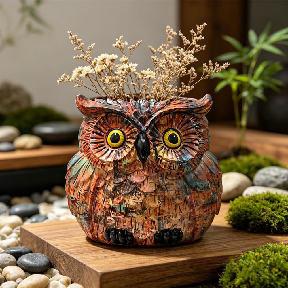 Owl Planter, Owl Plant Pot, Bird Figurine Flower Pots with Drainage for Succulent Cactus Small Herbs, Unique Makeup Brush Holder, Farmhouse Animal Statue for Home Office Decor, Garden Gifts for Women