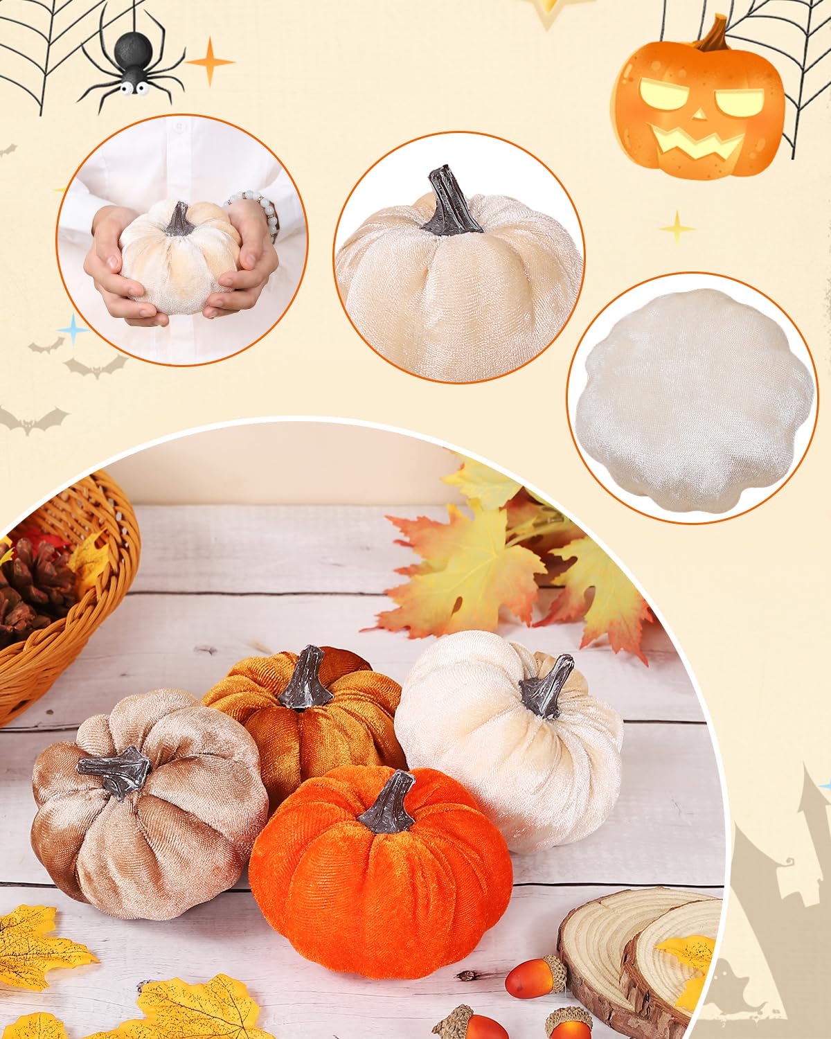 Coferset 4pcs Velvet Pumpkins Decor Set, Artificial Fall Pumpkin Decor for Halloween Thanksgiving Harvest Table Centerpieces(Orange Gold Coffee Beige)