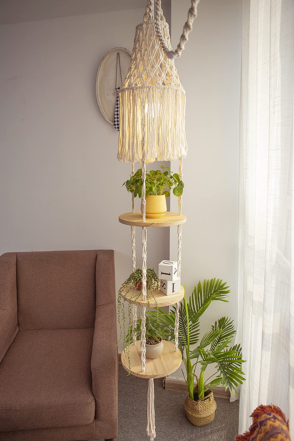 YKBU Macrame Plant Hanger Shelf Hanging Rope Shelf Indoor with Boho Lamp Shade 3 Tier Floating Round Shelves Decorative Shelf Flower Pot Holder Planter Display Rack Boho Home Decor-1 Set