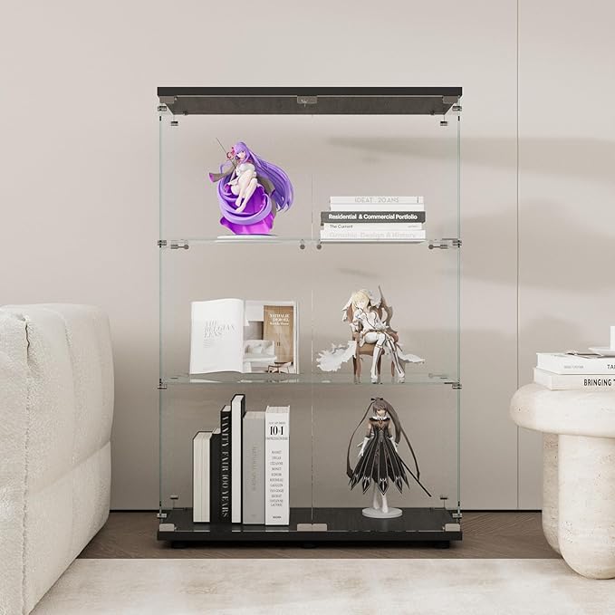 Display Cabinet with Glass Door and Lock, 3-Shelf Fast Installation Curio