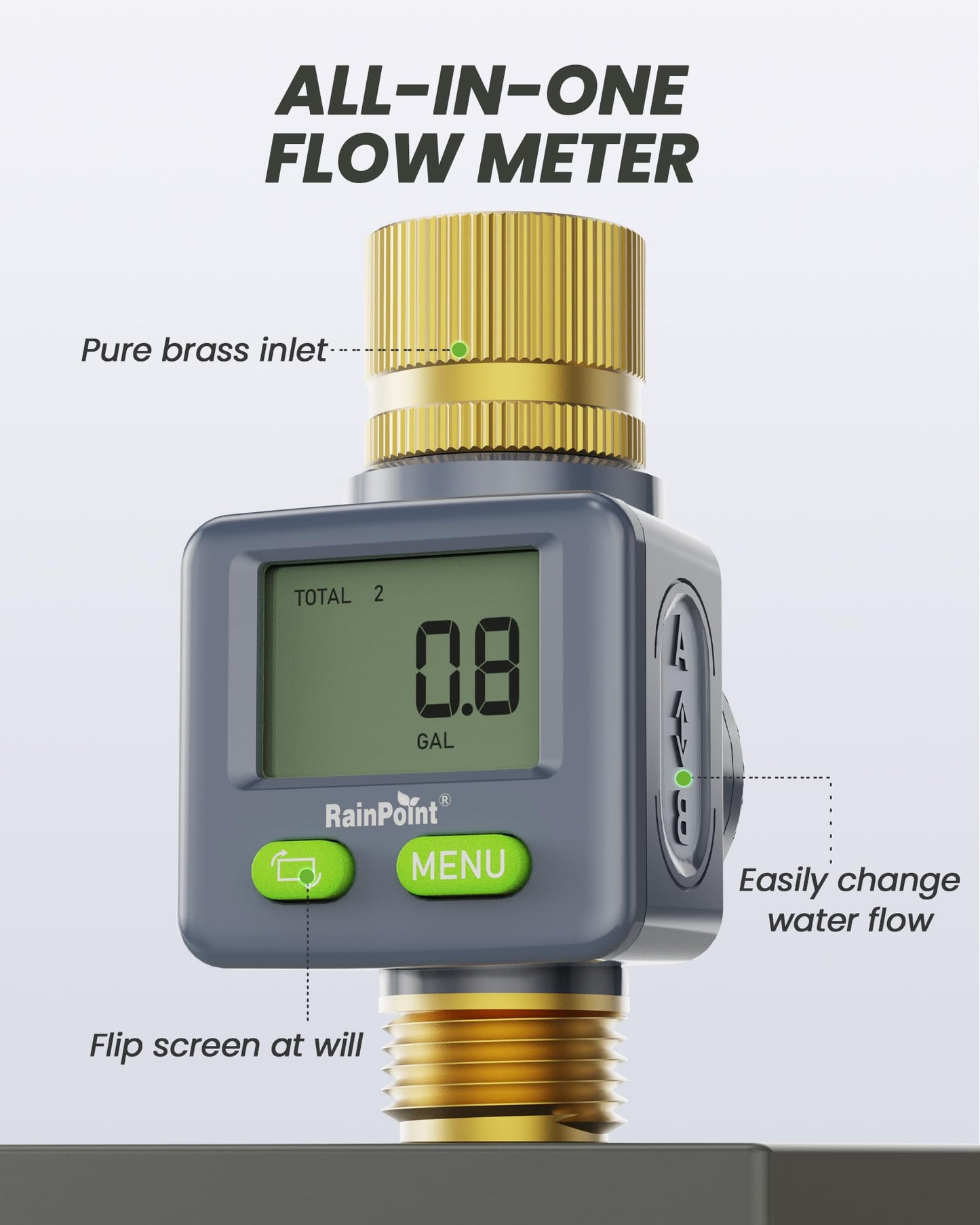 RAINPOINT Water Flow Meter with Brass Inlet & Outlet, 180° Screen-Flip Water Meter, Measure Gallon/Liter Consumption for RV Filling, Garden Watering, Sprinkler and Hoze Nozzle (Pack of 2)