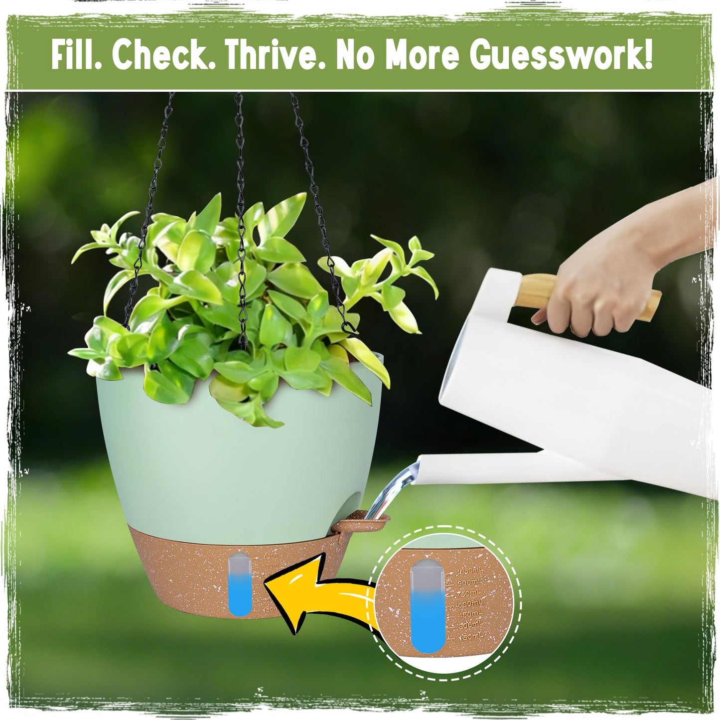 Goproauto Self-Watering Hanging Planters with Water Level Window, 8/10 Inch Indoor Outdoor Hanging Plant Pots Includes Chain Hangers with Drainage Holes & Detachable Reservoir (Green, 8+10 inch)
