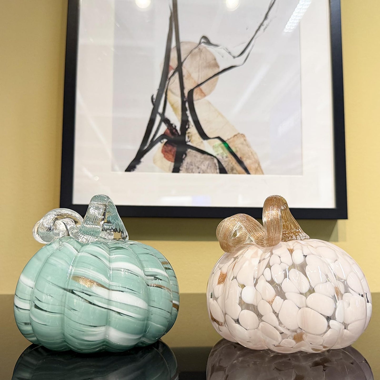 ORRFIDDY 5.1" Hand-Blown Glass Pumpkin Halloween Decor Fall Home Figurines Collectible Harvest Thanksgiving Wedding & Autumn Mantel Decorations Paperweight Tabletop Ornaments(Green)