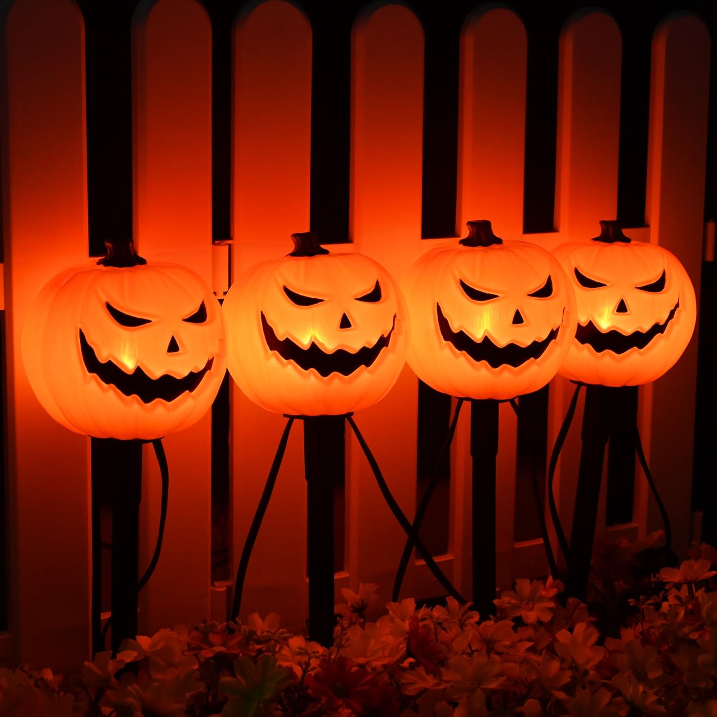 Halloween Decorations Outside - 7Ft LED Pumpkin Pathway Lights Plug in with 4 Pack LED Pumpkin Stake Lights Waterproof, for Halloween Outdoor Path Walkway Yard Lawn Landscape Decor, 0.6W