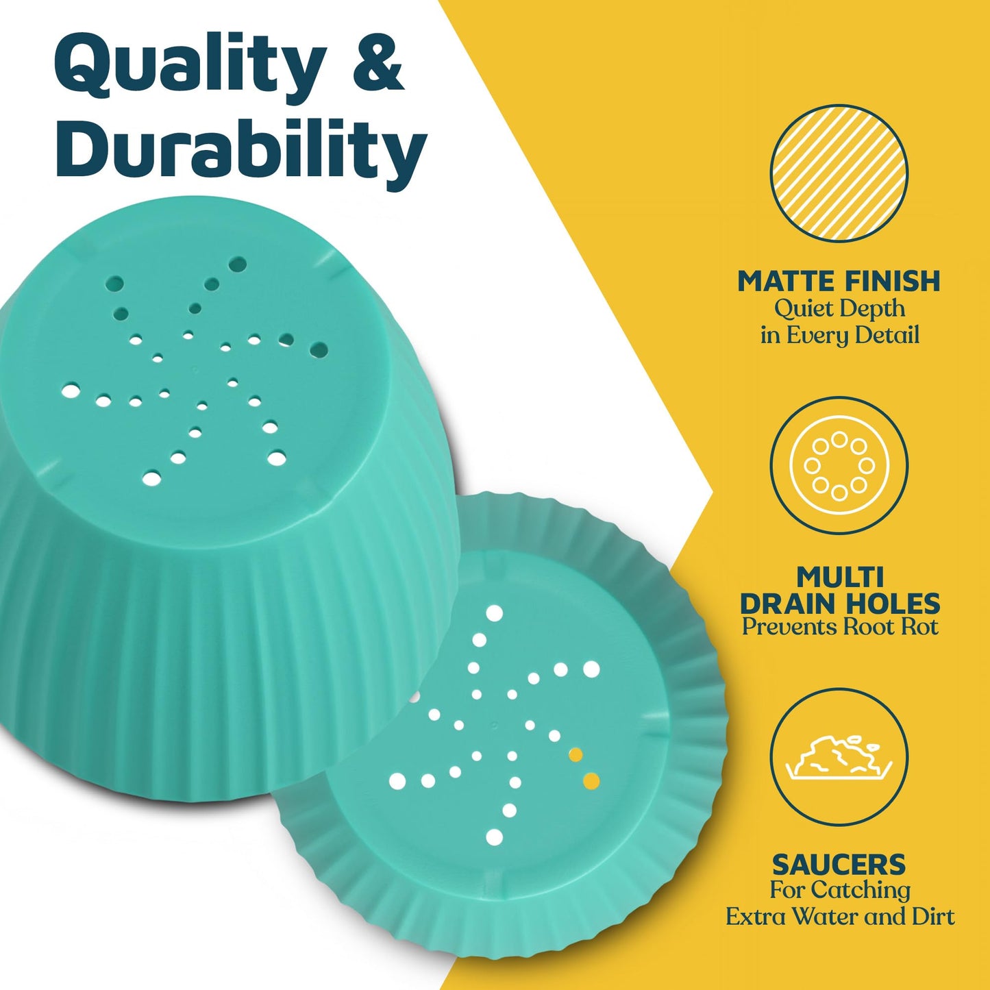 Aqua 6-Inch Plant Pots with Drainage & Saucers 12 Pack, Indoor & Outdoor Planters for Houseplants, Herbs, and Flowers, Durable & Weatherproof Material, Stackable, Lightweight, Minimalist Design