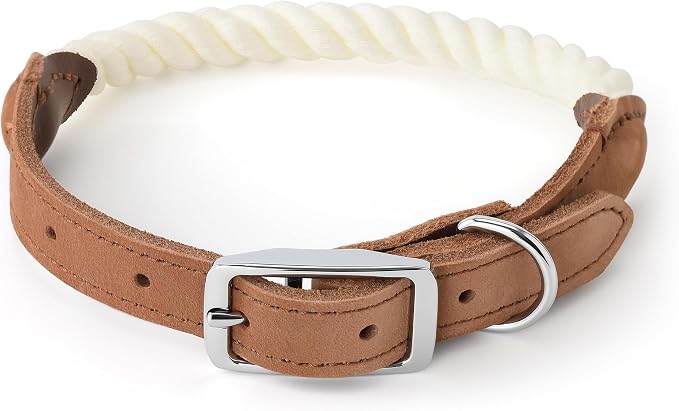 Mile High Life Genuine Leather Dog Collar, Durable Braided Cotton Rope Collar with Metal Pin Buckle for Small Medium Large Dogs (Cream, M Neck 15"-18")