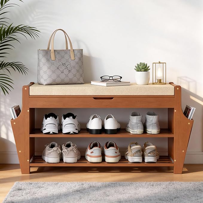 oakvivo 34.3in Shoe Bench, Bamboo 3-Tier Entryway Bench