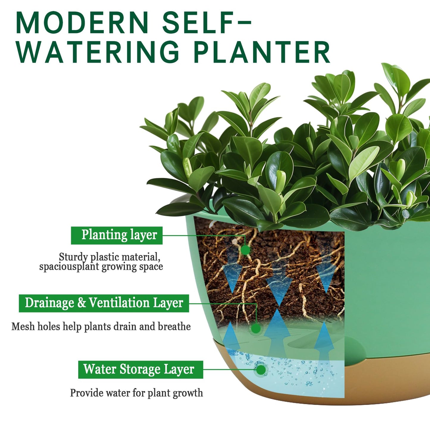 Koalaime 8/10/12 Inch Pots for Indoor Plants, Large Self Watering Planters with Drainage and Saucers, Plastic Outdoor Flower Pot, Set of 3, Green